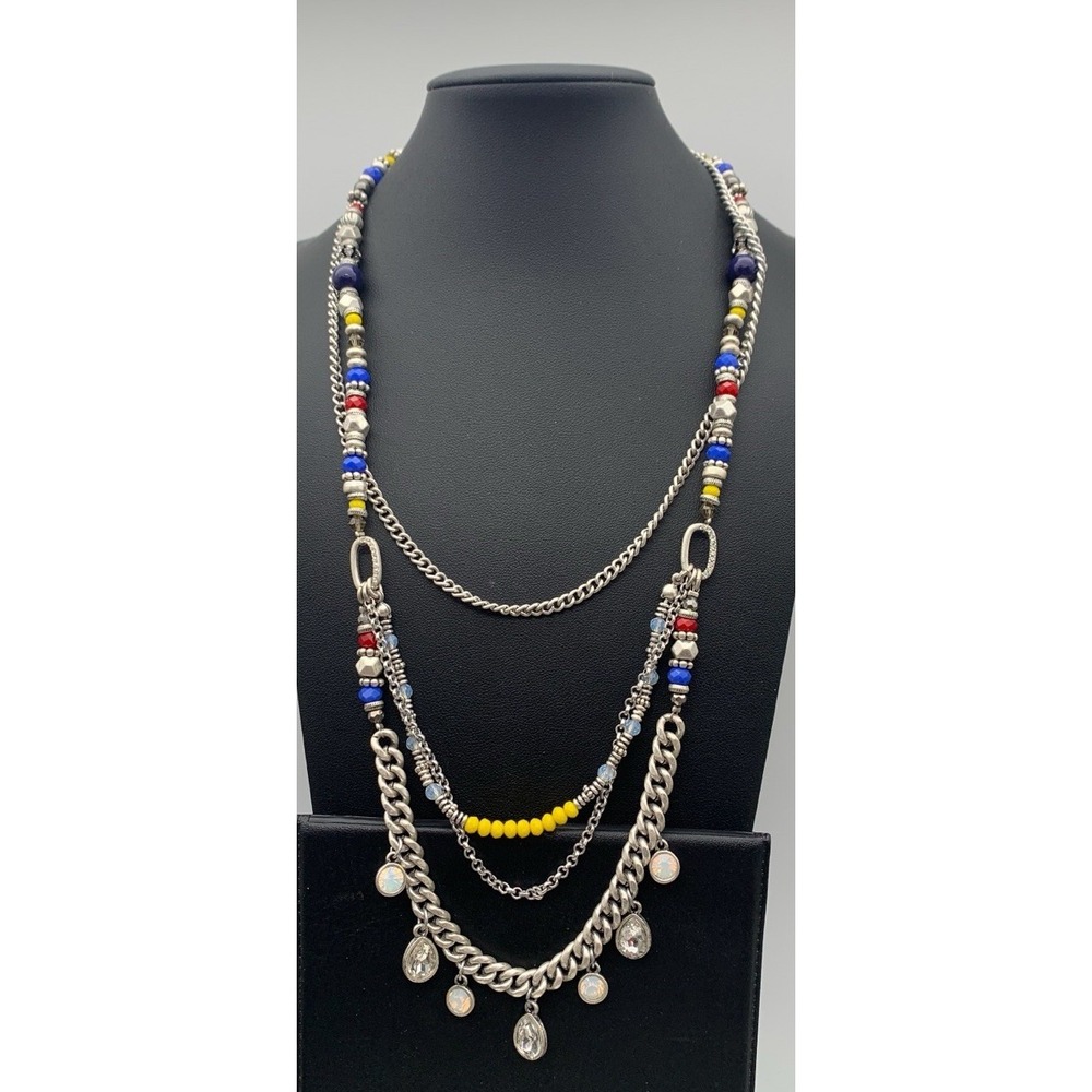 Premier Designs Jess layered necklace W multi-colored beads & silver tone chains